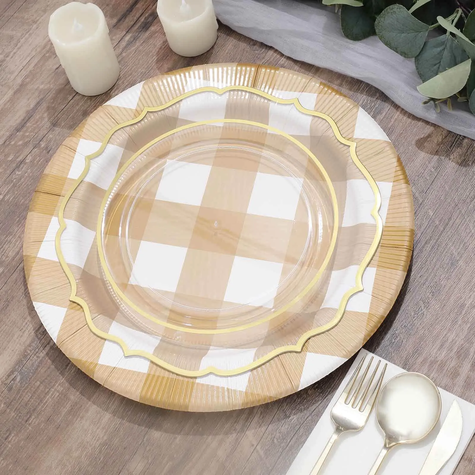 10 Pack 13" Gold White Buffalo Plaid Disposable Charger Plates, Round Checkered Sunray Cardboard Serving Trays- 350 GSM