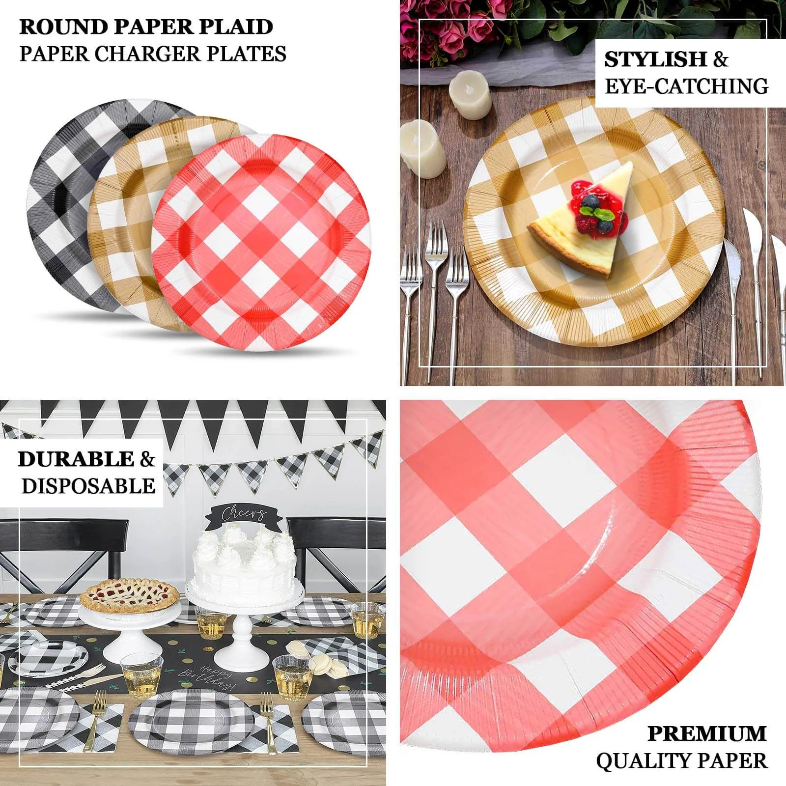 10 Pack 13" Gold White Buffalo Plaid Disposable Charger Plates, Round Checkered Sunray Cardboard Serving Trays- 350 GSM