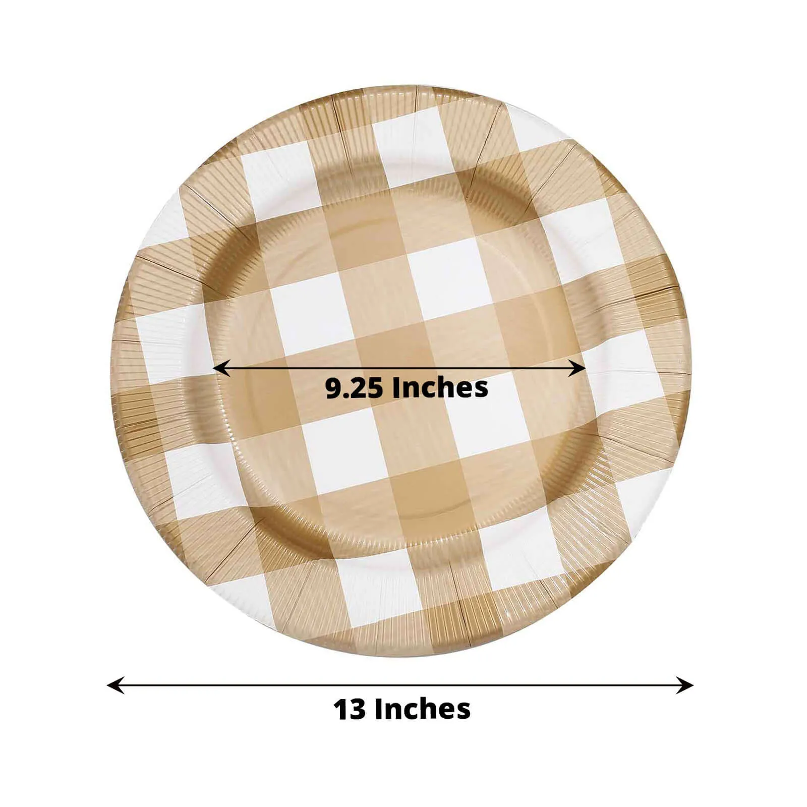 10 Pack 13" Gold White Buffalo Plaid Disposable Charger Plates, Round Checkered Sunray Cardboard Serving Trays- 350 GSM