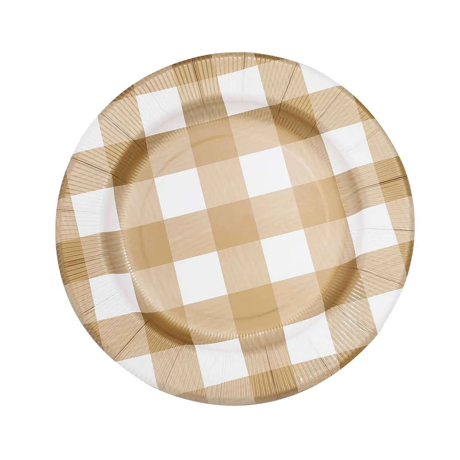 10 Pack 13" Gold White Buffalo Plaid Disposable Charger Plates, Round Checkered Sunray Cardboard Serving Trays- 350 GSM