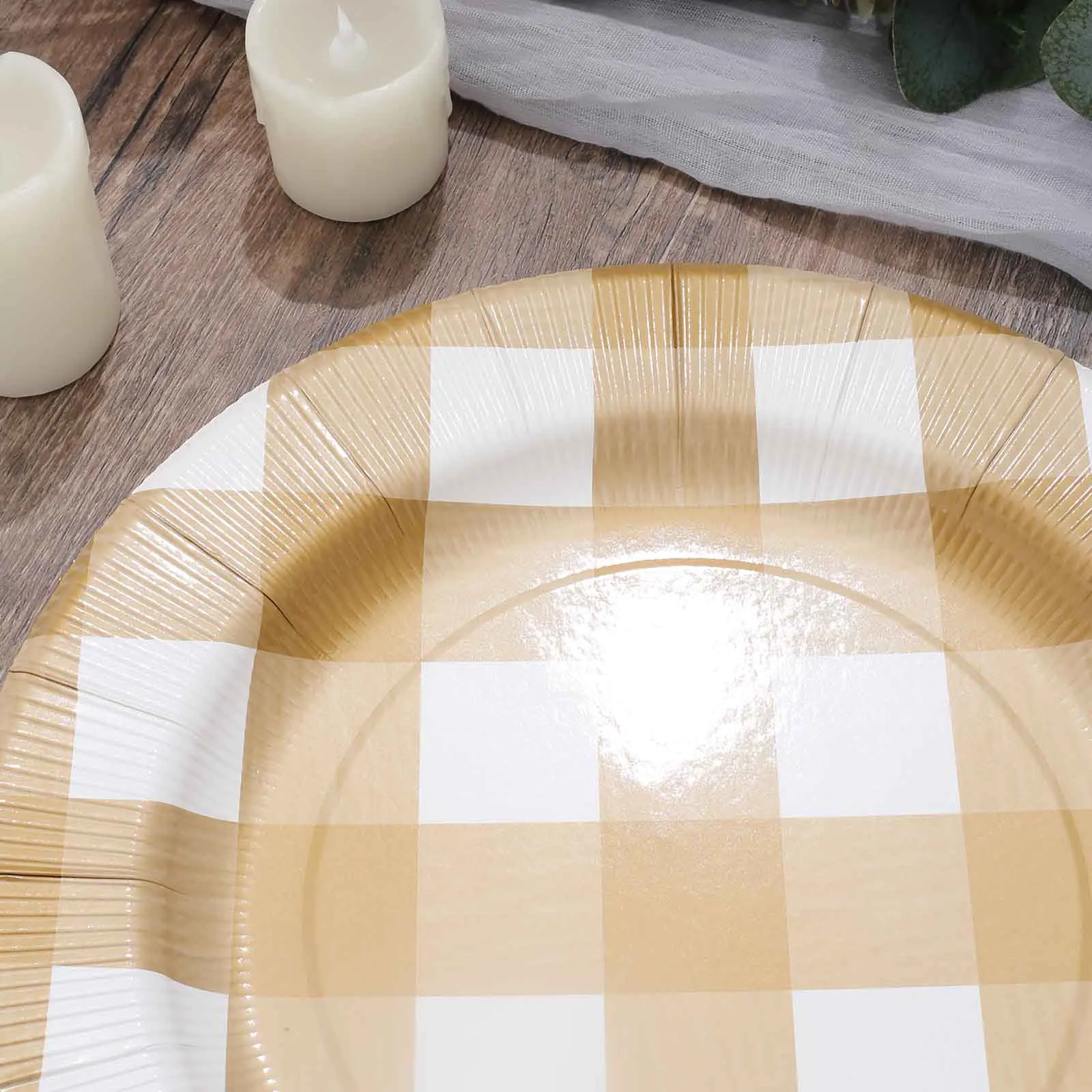 10 Pack 13" Gold White Buffalo Plaid Disposable Charger Plates, Round Checkered Sunray Cardboard Serving Trays- 350 GSM