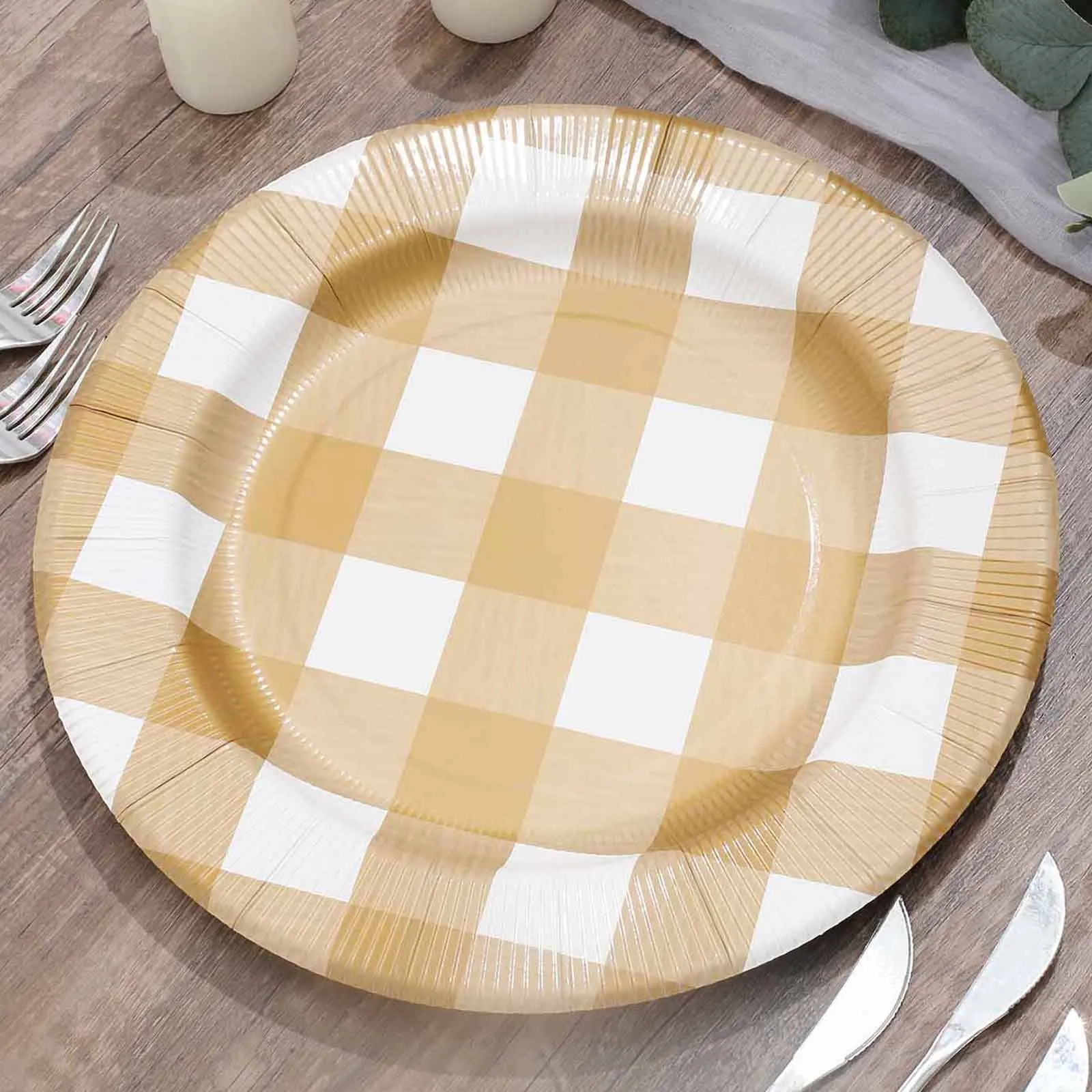 10 Pack 13" Gold White Buffalo Plaid Disposable Charger Plates, Round Checkered Sunray Cardboard Serving Trays- 350 GSM