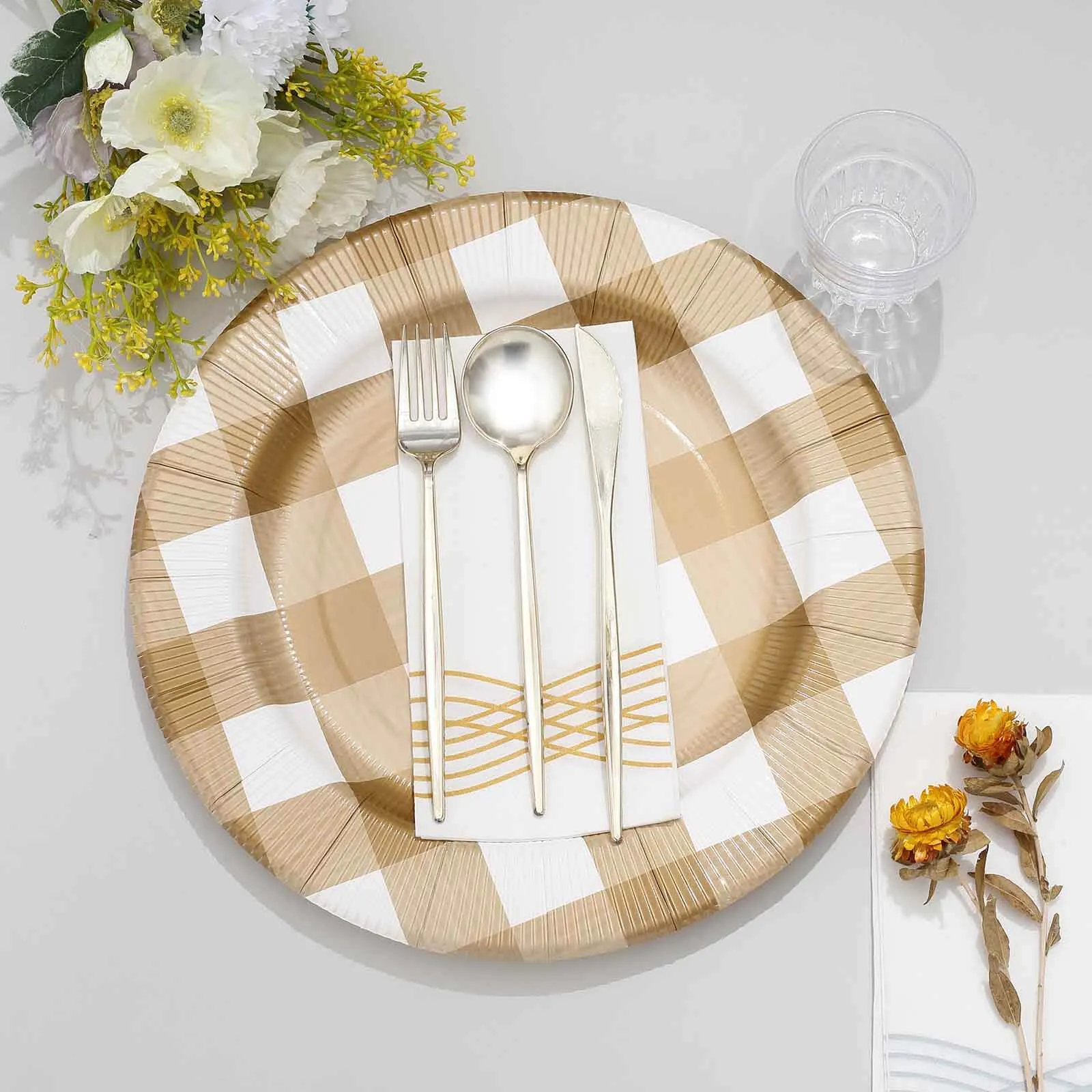 10 Pack 13" Gold White Buffalo Plaid Disposable Charger Plates, Round Checkered Sunray Cardboard Serving Trays- 350 GSM