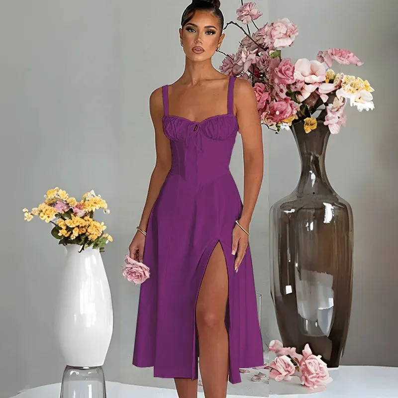 A-line Long Spaghetti Strap Summer Backless Split Nightclub Sexy Midi Dress