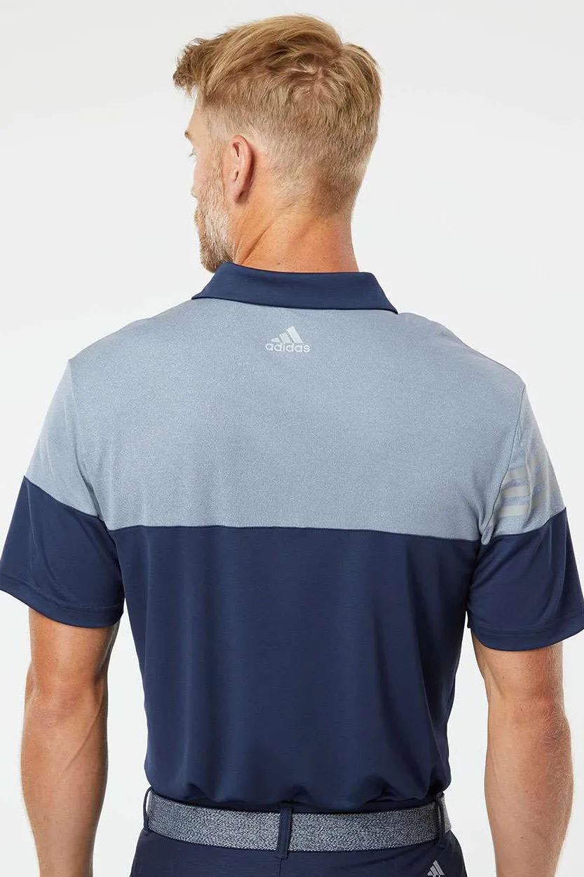 Adidas Mens 3 Stripes Colorblock Moisture Wicking Short Sleeve Polo Shirt - Collegiate Navy Blue/Mid Grey - NEW