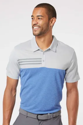 Adidas Mens 3 Stripes Colorblock UPF 50  Short Sleeve Polo Shirt - Heather Grey/Heather Collegiate Royal Blue - NEW