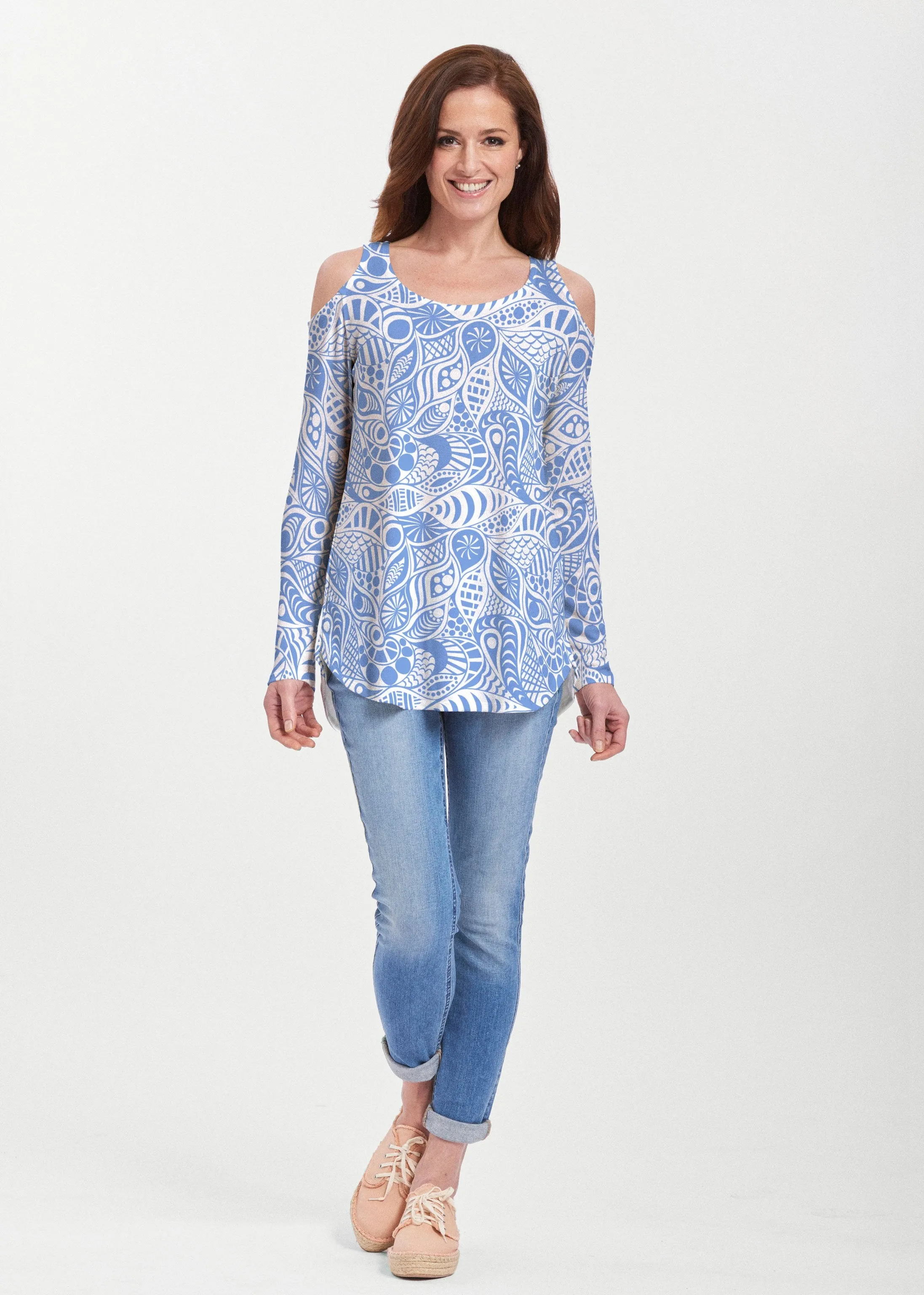 Aquatic Floral Blue (7619) ~ Cold Shoulder Tunic