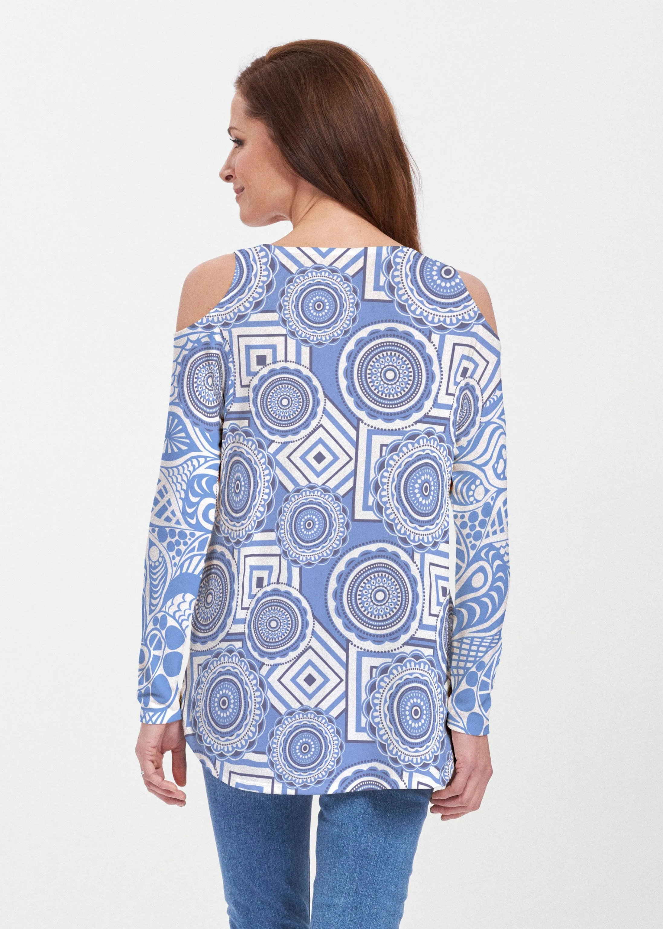 Aquatic Floral Blue (7619) ~ Cold Shoulder Tunic