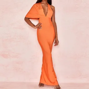 BerryBetty - 2024 Fashion Trends Draped Backless Women Side Split Evening Club Party Dress New Sexy V Neck Orange Black Long Bandage Dress Vestidos