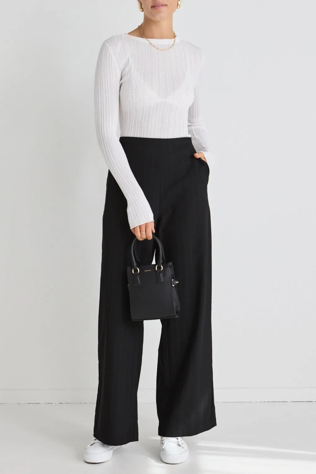 Best Life  Black Pinstripe Wide Leg Pant