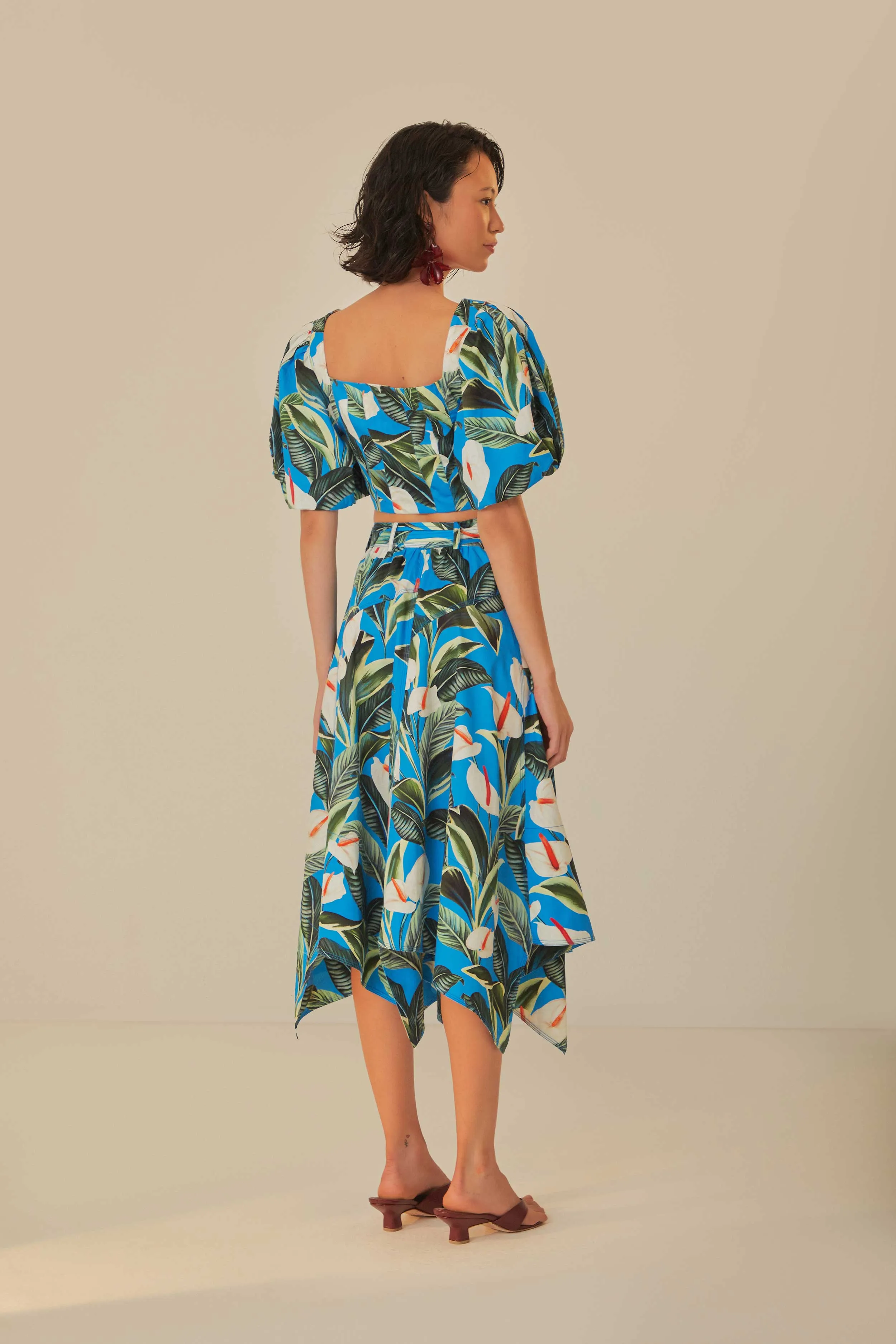 Blue Anthurium Garden Asymmetric Midi Skirt