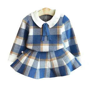 Blue Plaid Peter Pan collar  2 pcs sweatshirt & Skirt Winterwear set for Girls