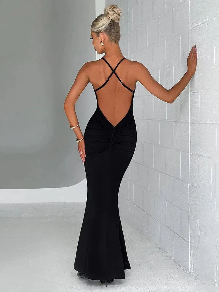 Bodycon Long Deep V Neck Halter Backless Nightclub Sexy Spring Summer Maxi Dress