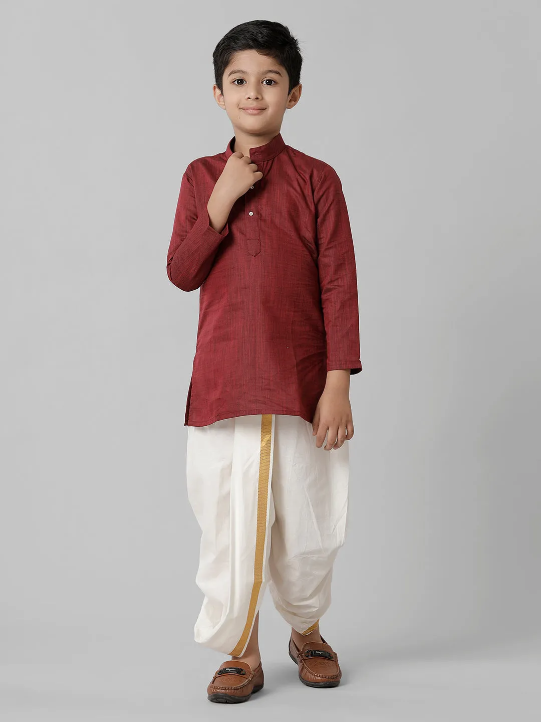 Boys Cotton Maroon Kurta with Cream Elastic Panchakacham Combo FS7