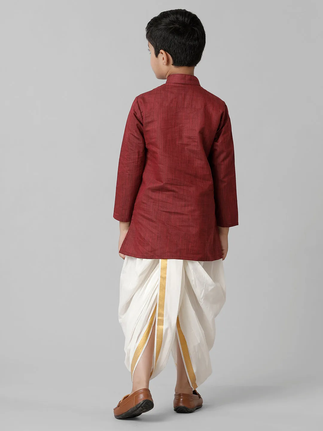 Boys Cotton Maroon Kurta with Cream Elastic Panchakacham Combo FS7