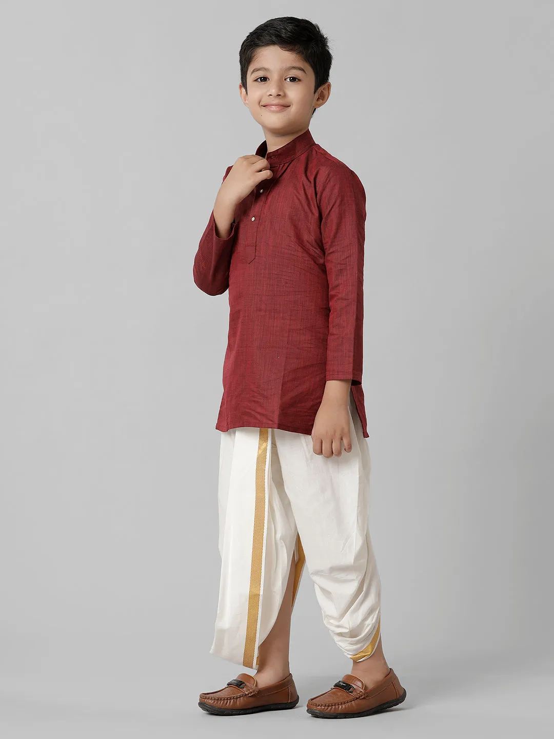 Boys Cotton Maroon Kurta with Cream Elastic Panchakacham Combo FS7