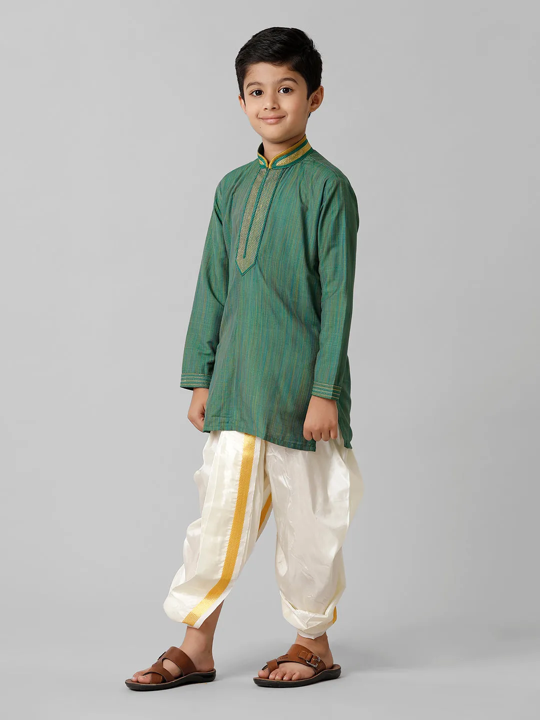 Boys Emerald Cotton Dark Green Kurta with Cream Readymade Art Silk Panchakacham Combo EMD7