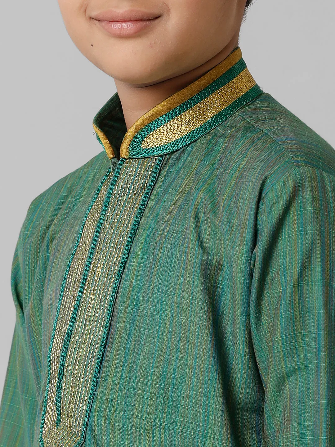 Boys Emerald Cotton Dark Green Kurta with Cream Readymade Art Silk Panchakacham Combo EMD7