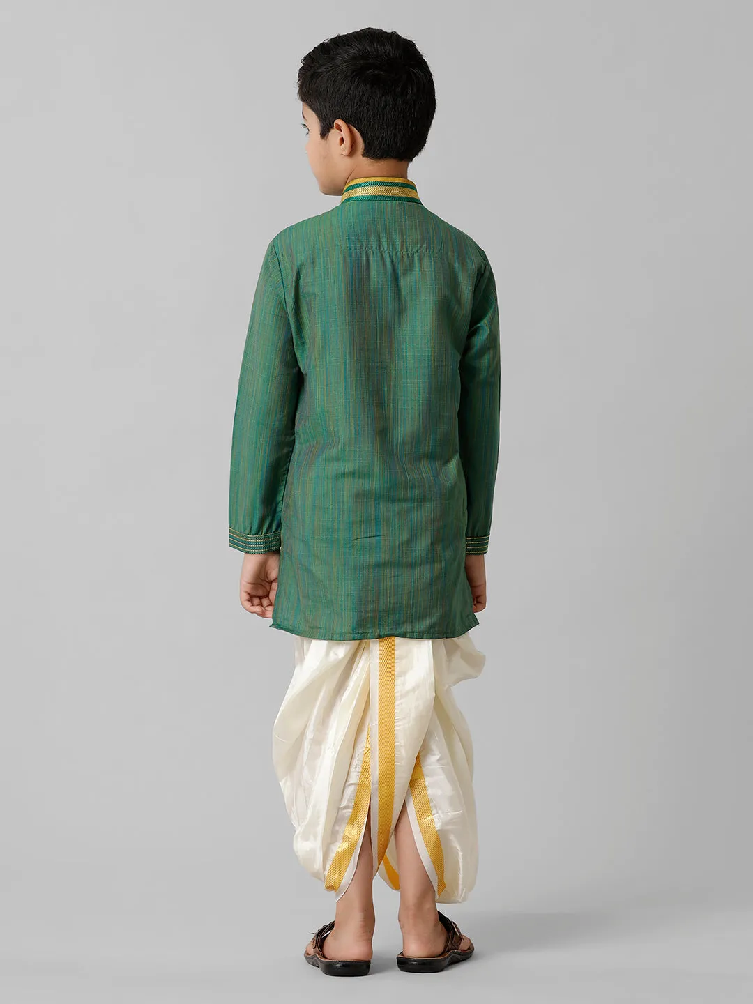 Boys Emerald Cotton Dark Green Kurta with Cream Readymade Art Silk Panchakacham Combo EMD7