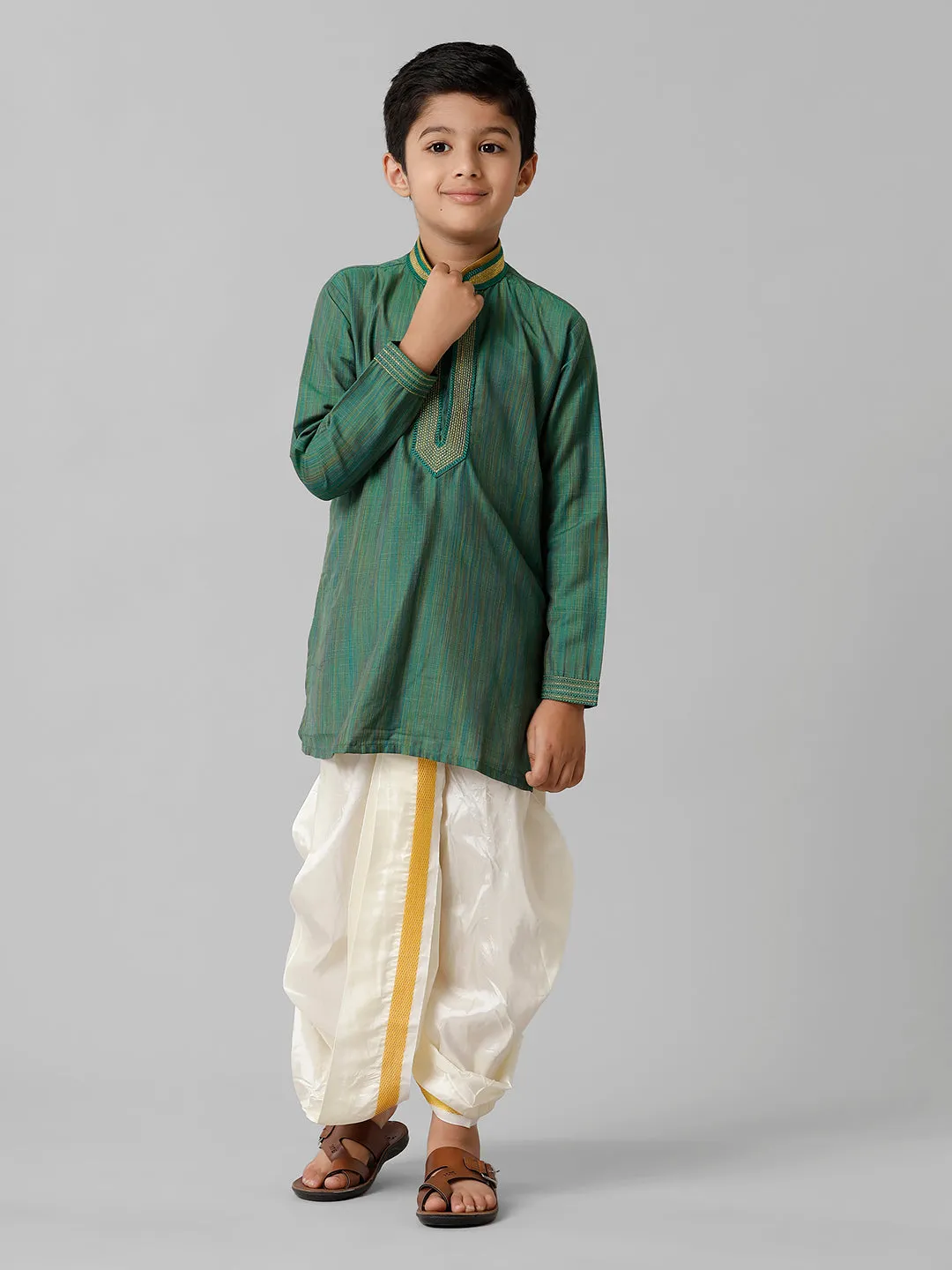 Boys Emerald Cotton Dark Green Kurta with Cream Readymade Art Silk Panchakacham Combo EMD7