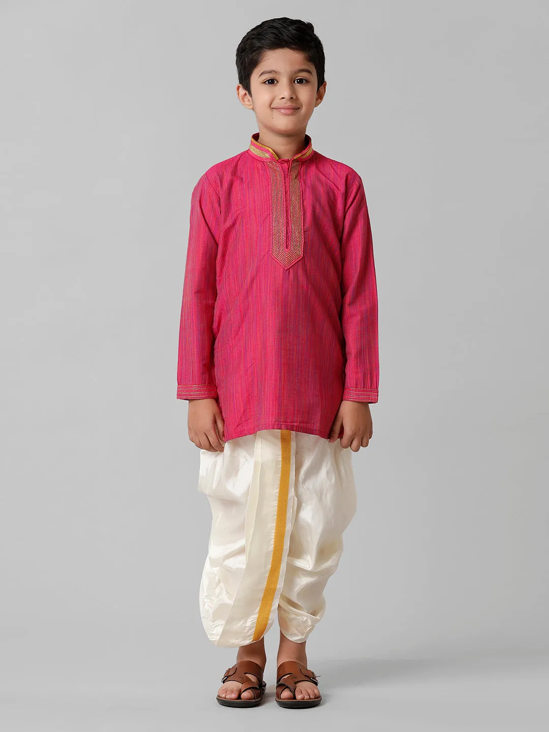 Boys Emerald Cotton Dark Pink Kurta with Cream Readymade Art Silk Panchakacham Combo EMD1