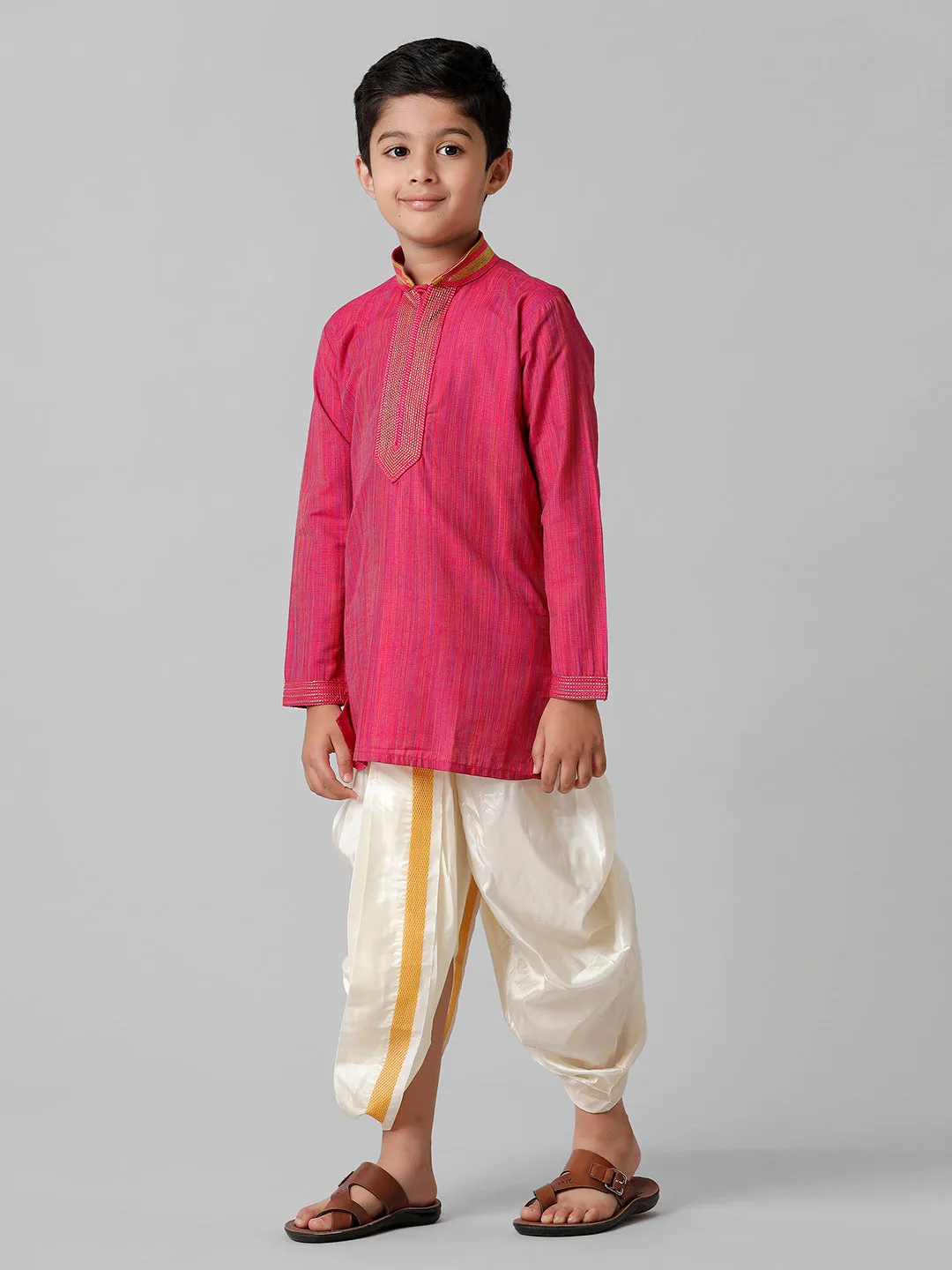 Boys Emerald Cotton Dark Pink Kurta with Cream Readymade Art Silk Panchakacham Combo EMD1