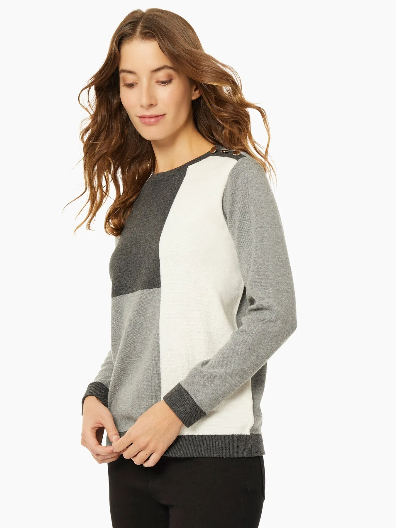 Colorblock Crew Neck Button Detail Sweater