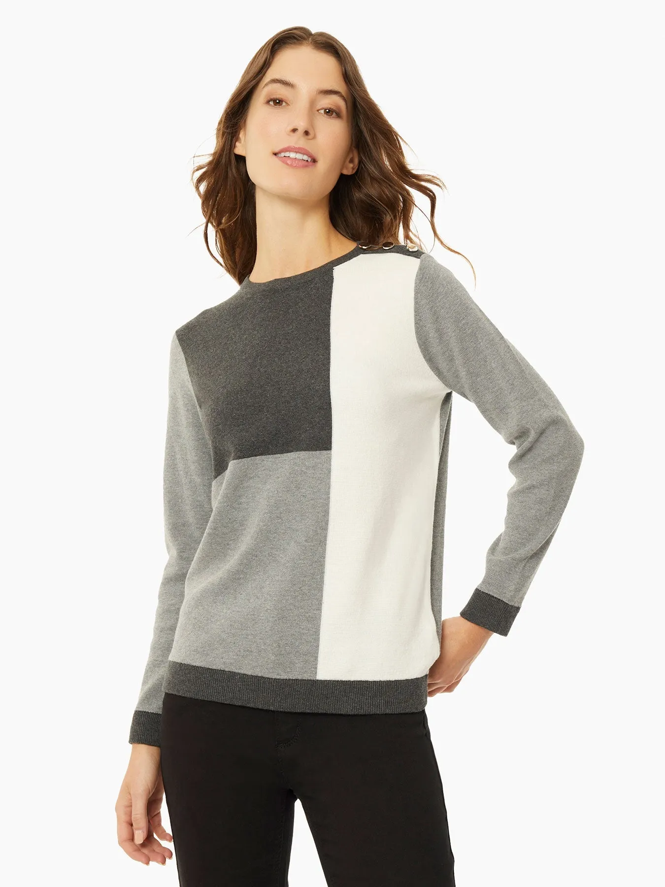 Colorblock Crew Neck Button Detail Sweater