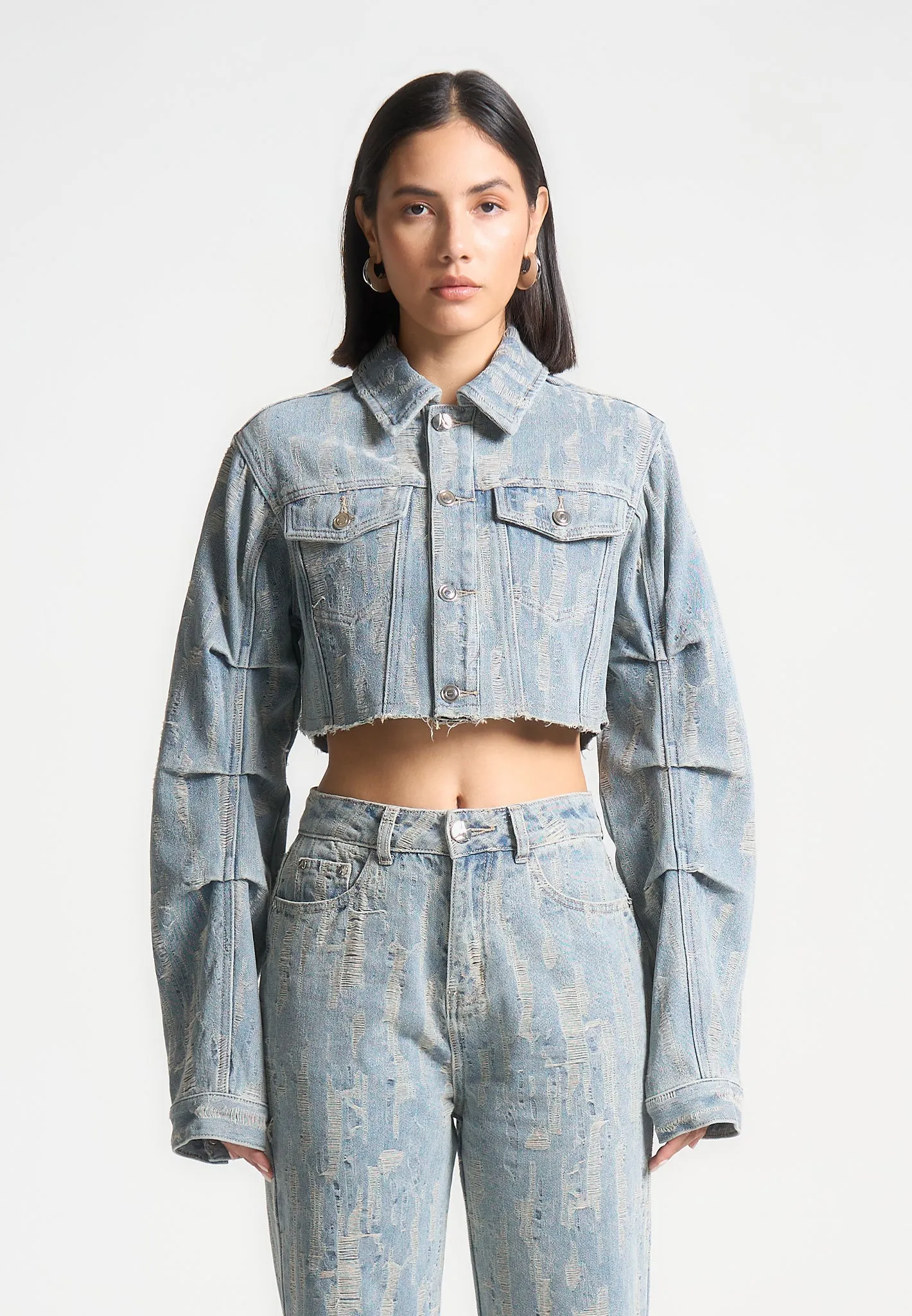 Cropped Distressed Denim Jacket - Mid-Blue