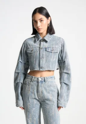 Cropped Distressed Denim Jacket - Mid-Blue