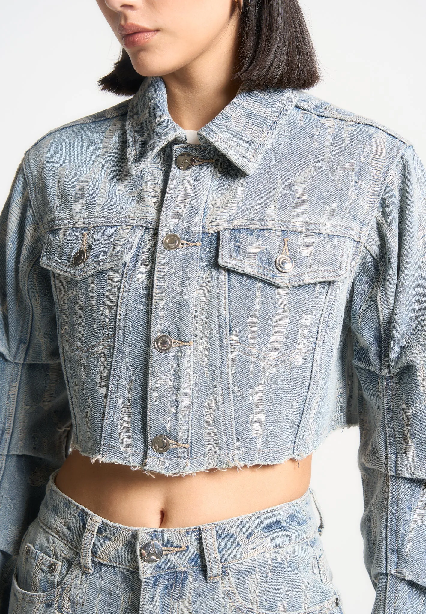 Cropped Distressed Denim Jacket - Mid-Blue