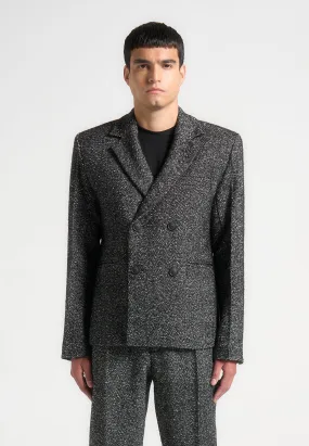 Double Breasted Herringbone Wool Blend Suit Jacket - Black