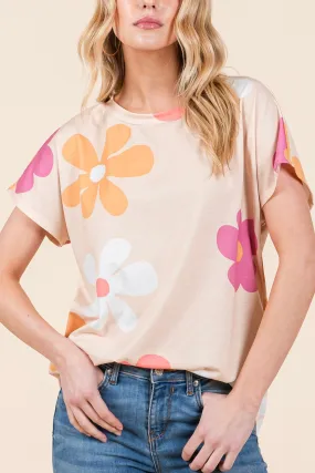 Floral Crew Neck Short Sleeve Top- Beige