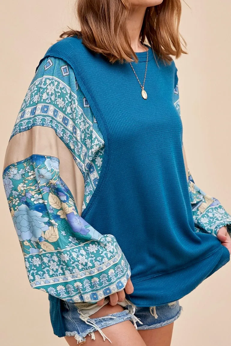 Floral Print Color Block Balloon Sleeve Top- Teal Green