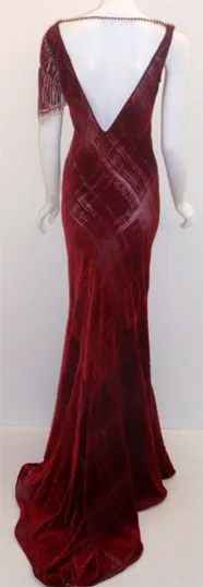 GALINDO Red Burnout Velvet Beaded Gown