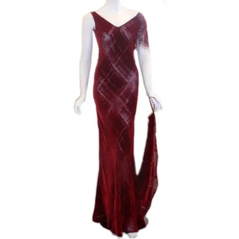 GALINDO Red Burnout Velvet Beaded Gown