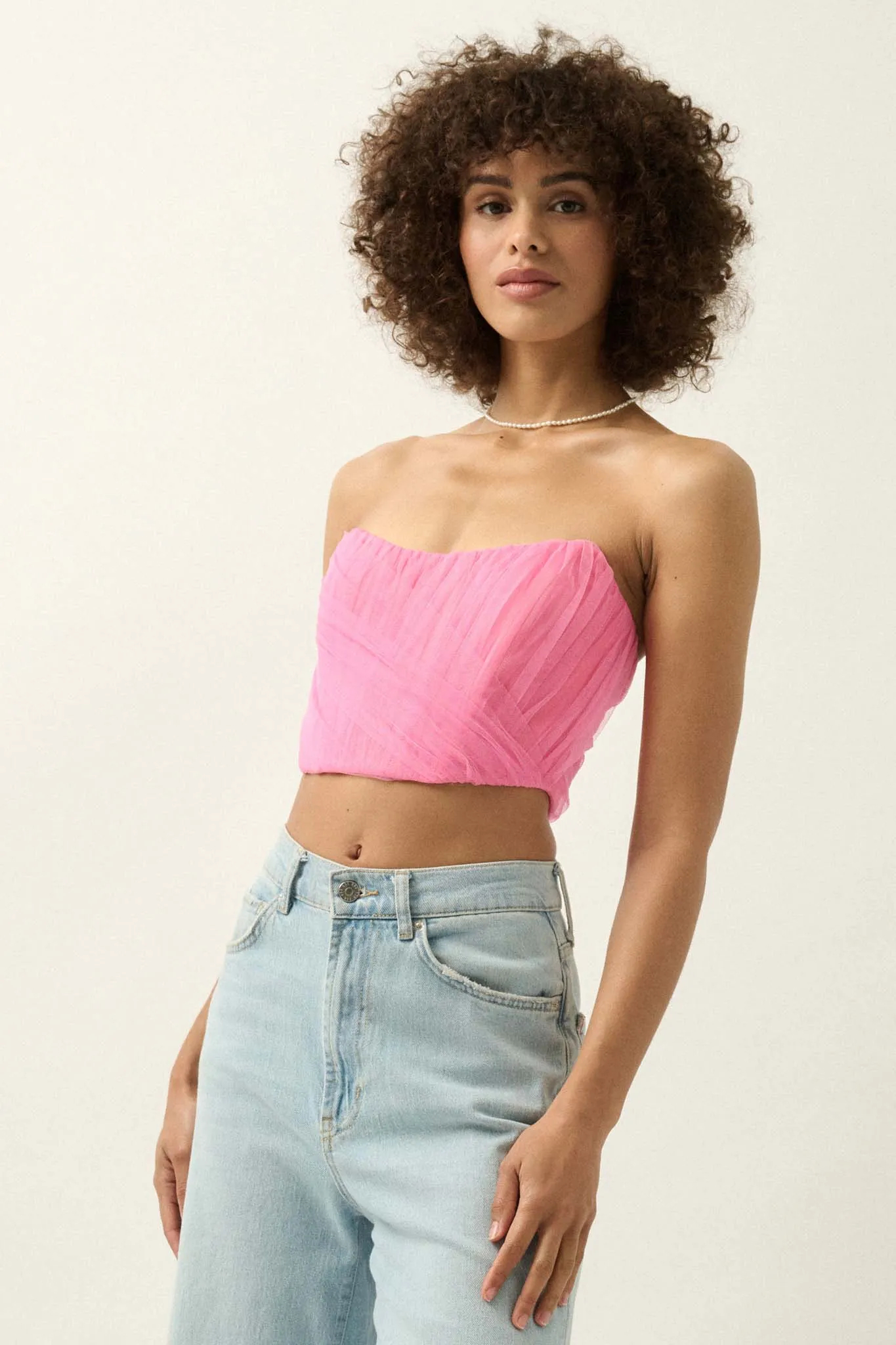 Glamorous Life Pleated Tulle Cropped Corset Top