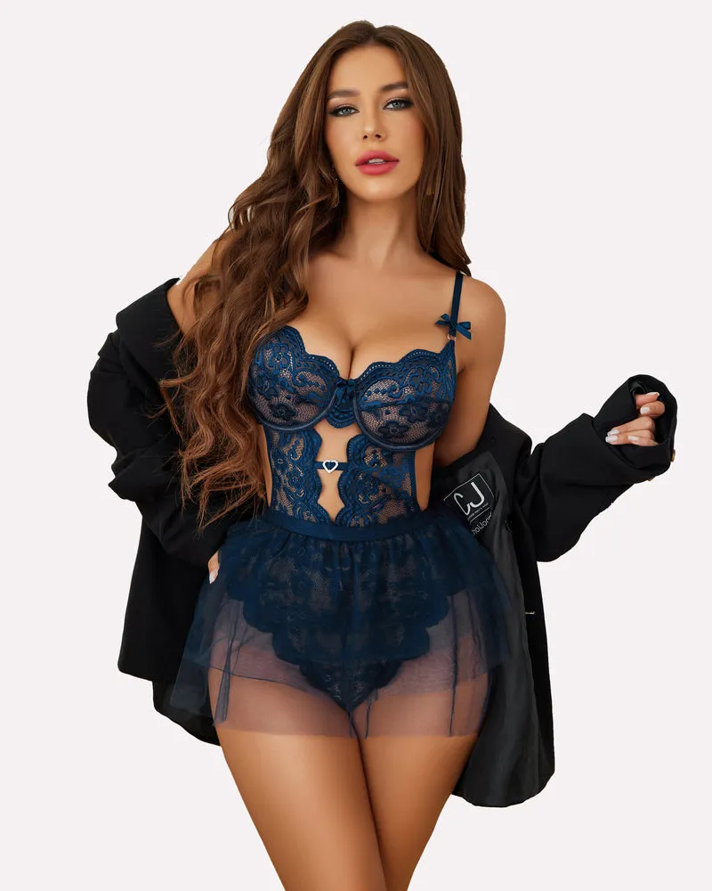 Lace Bodysuit with Detachable Mesh Mini Skirt