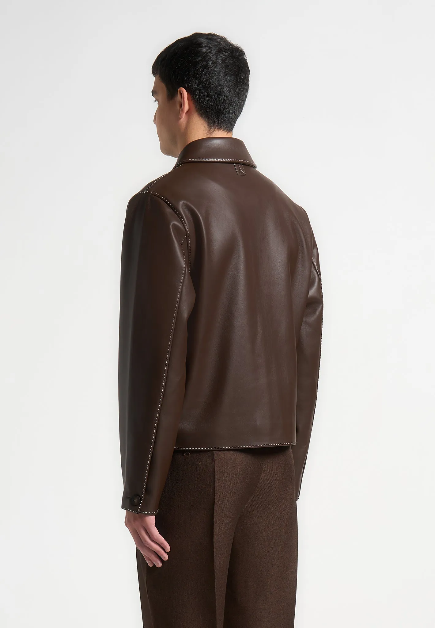 Leather Contrast Stitch Jacket - Brown