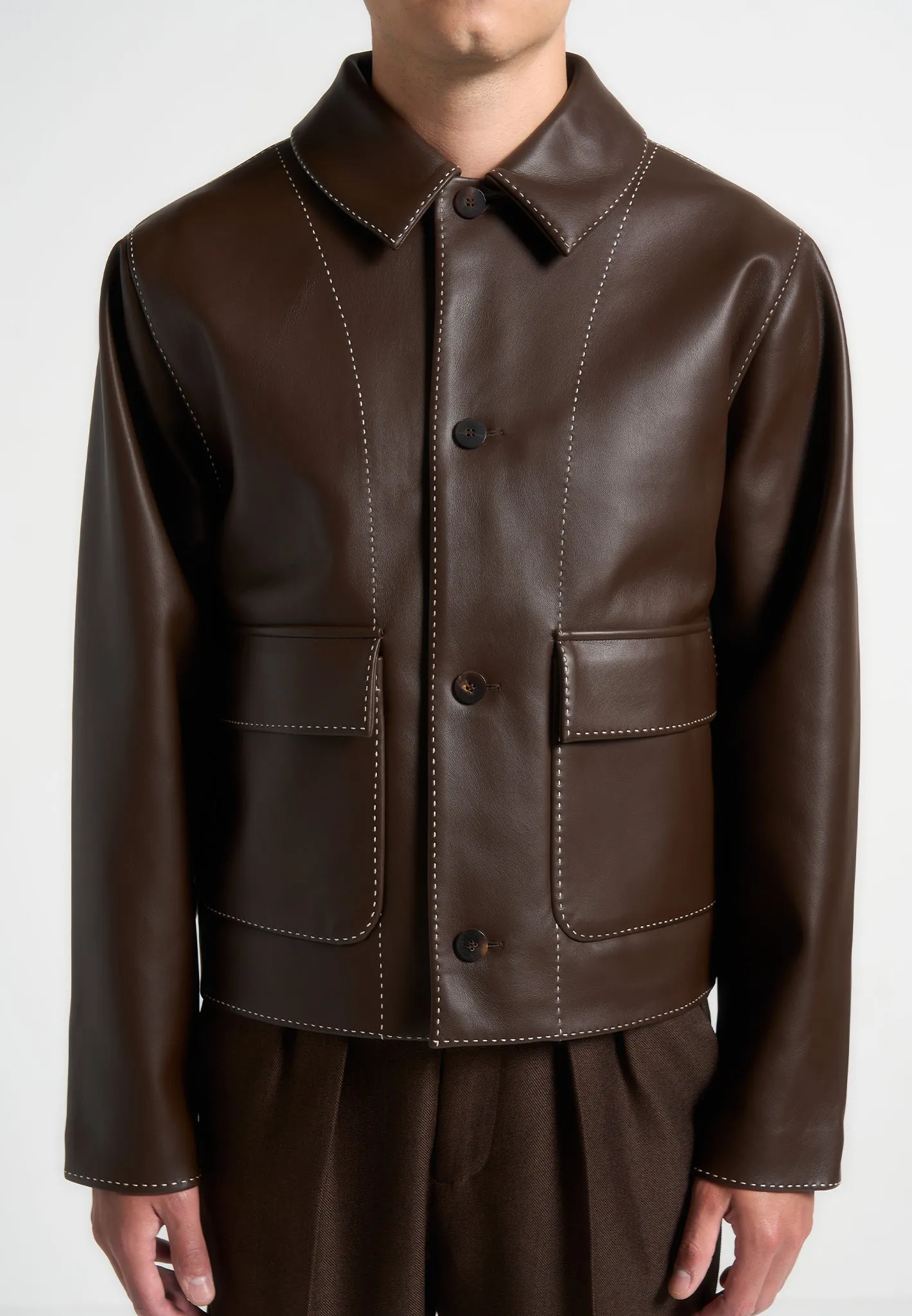 Leather Contrast Stitch Jacket - Brown