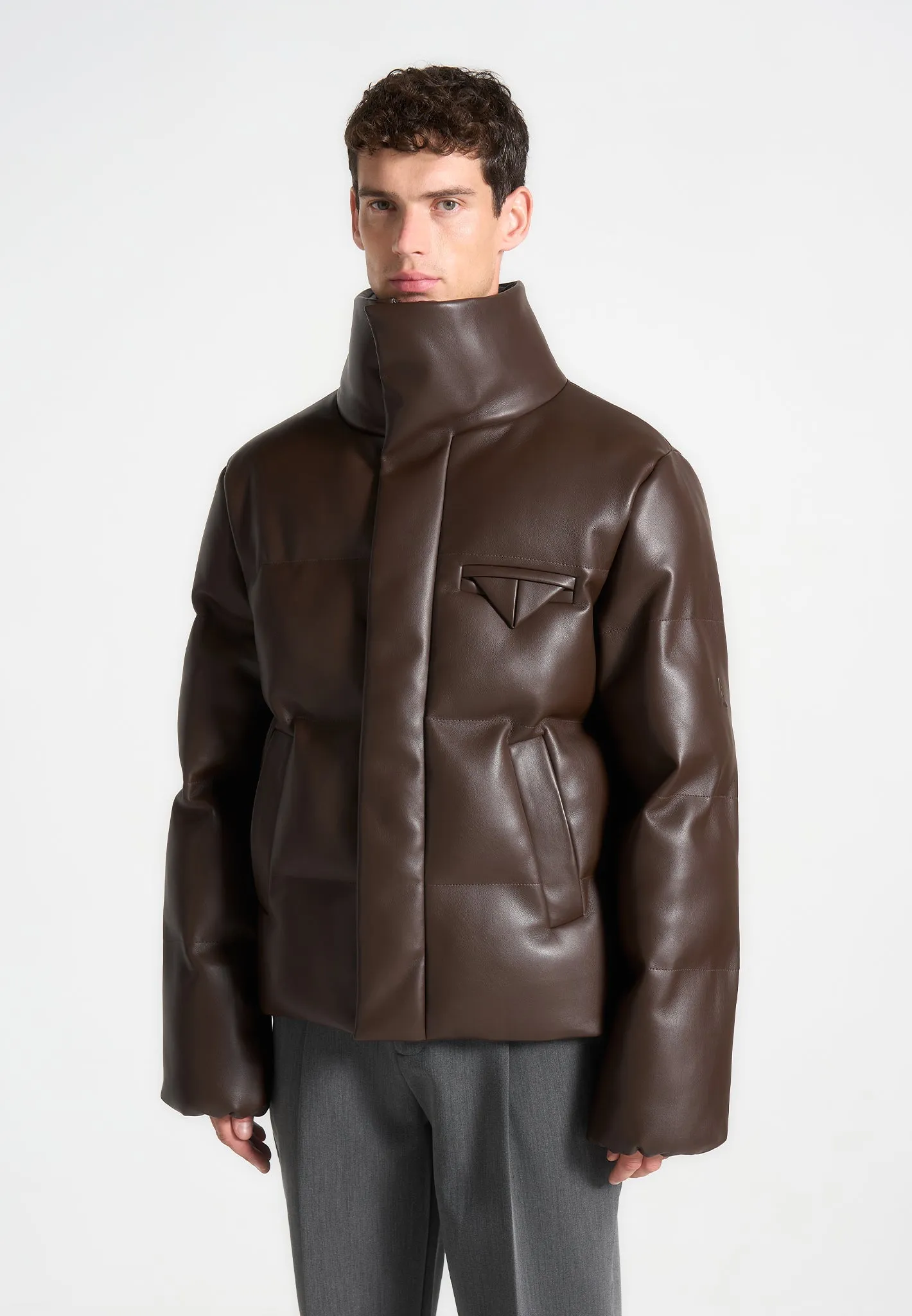 Leather Puffer Jacket - Brown