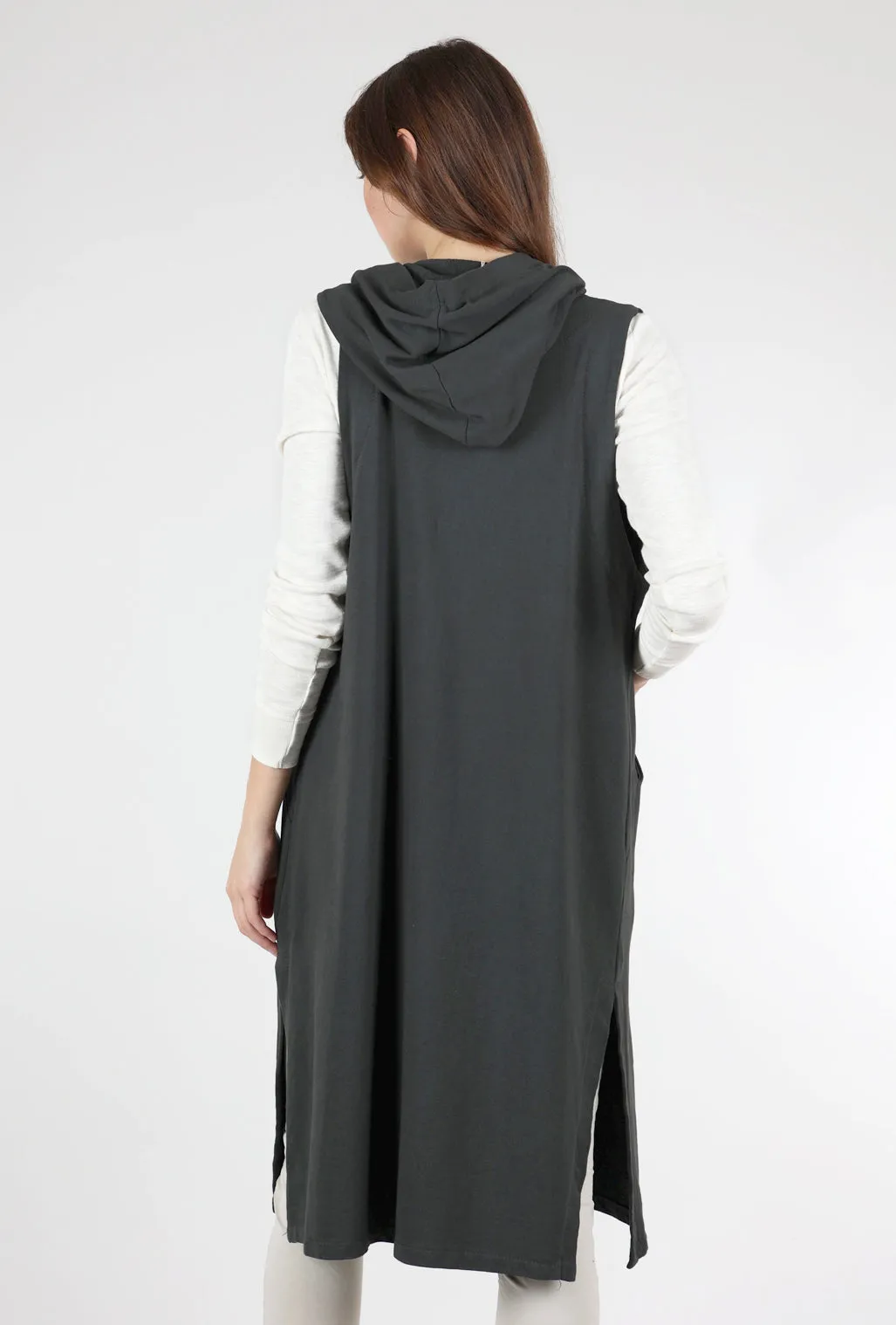 Long Hooded Zip-Up Vest, Charcoal