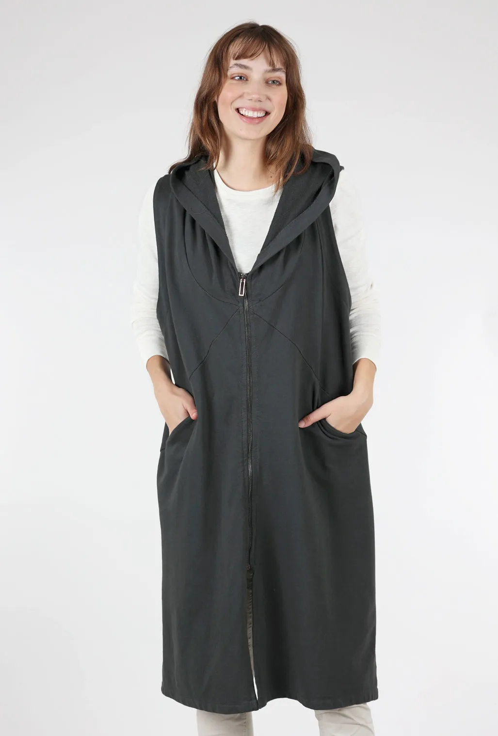 Long Hooded Zip-Up Vest, Charcoal