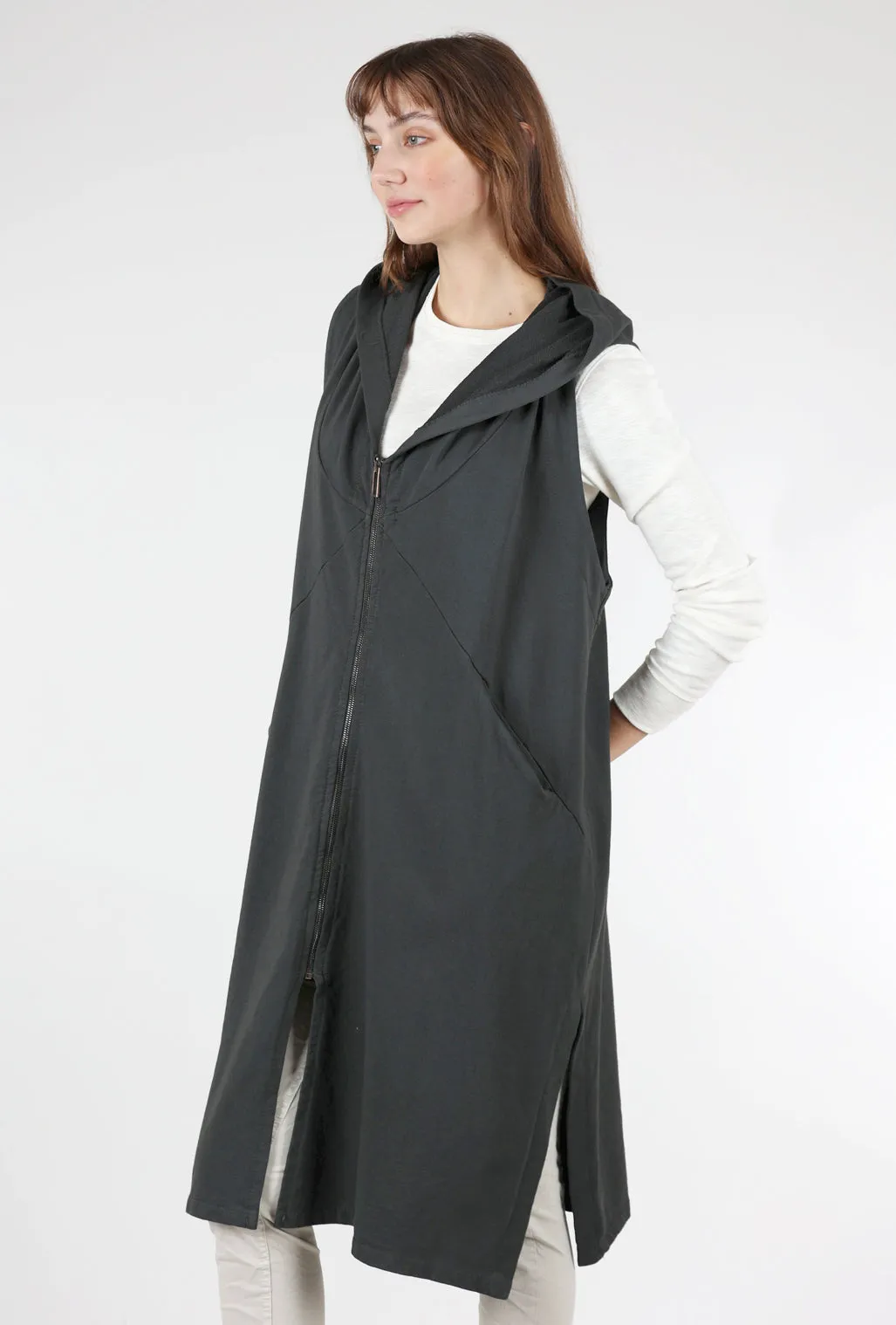 Long Hooded Zip-Up Vest, Charcoal