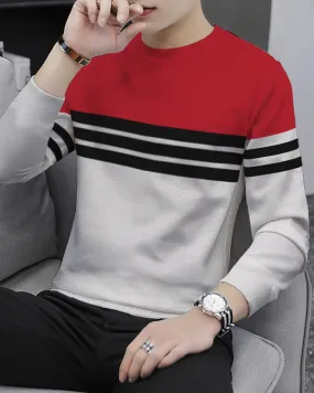 Men Full Sleeve Red Grey Striped T-shirt