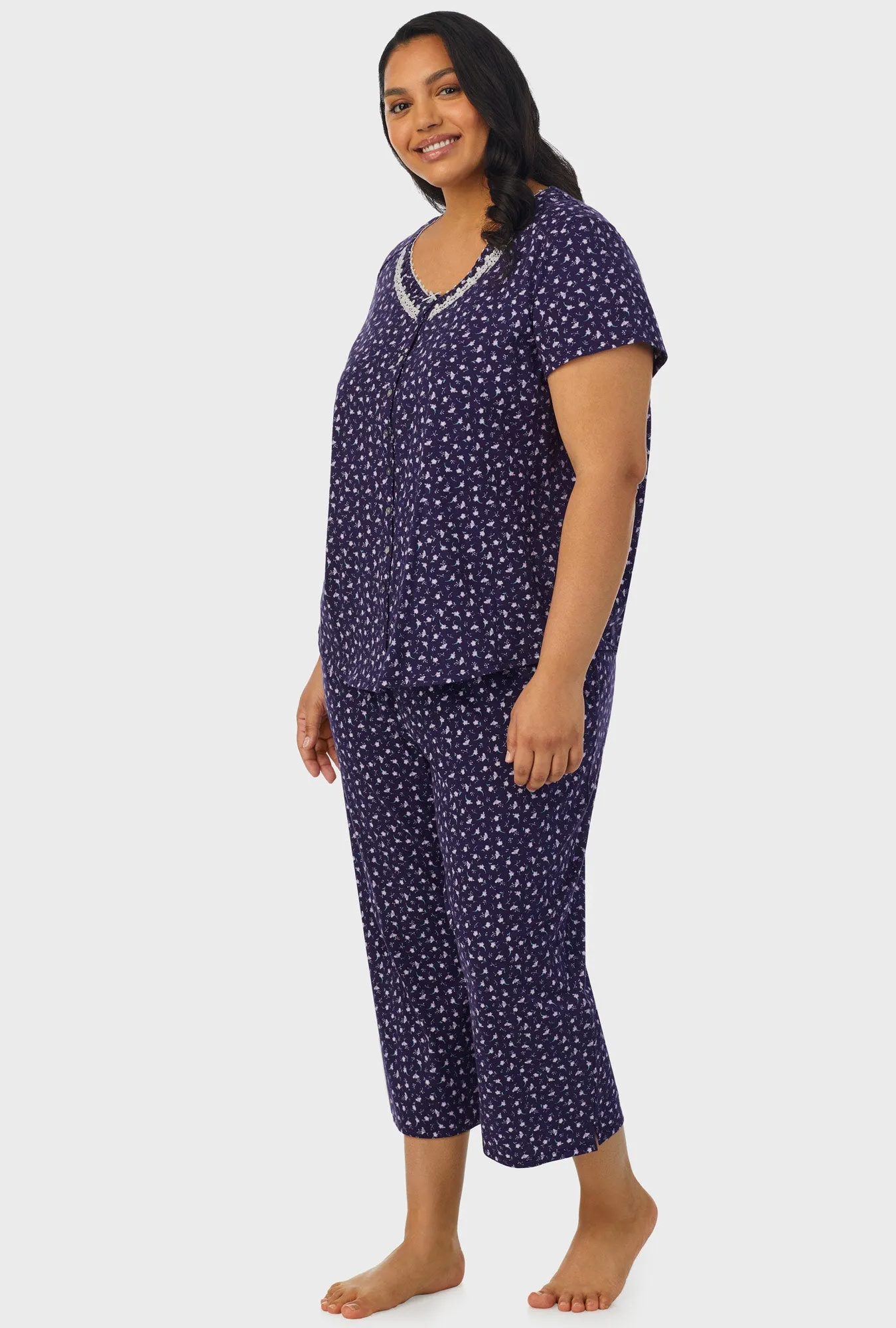 Midnight Blue Ditsy Floral Short Sleeve Capri Pant PJ Set