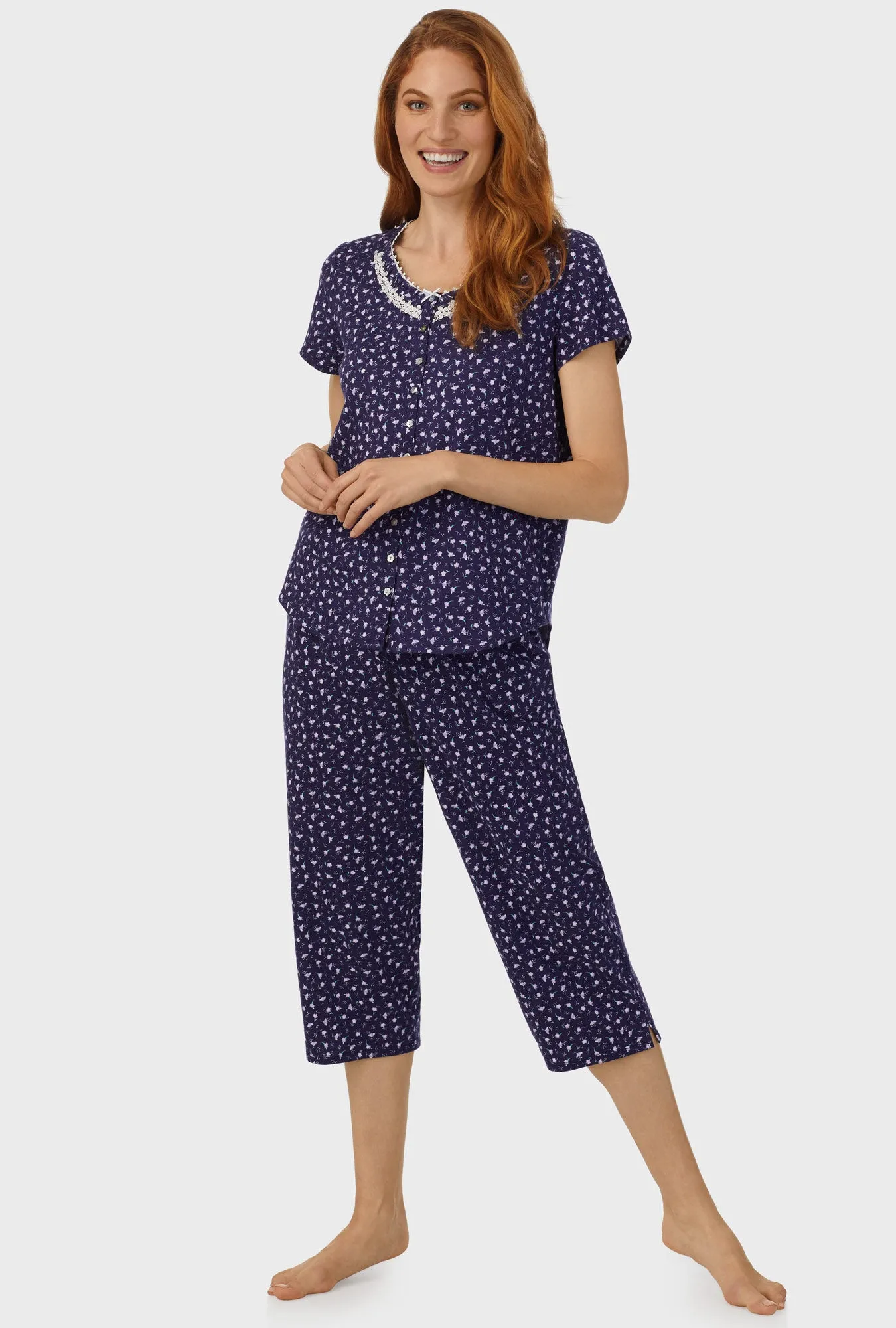 Midnight Blue Ditsy Floral Short Sleeve Capri Pant PJ Set