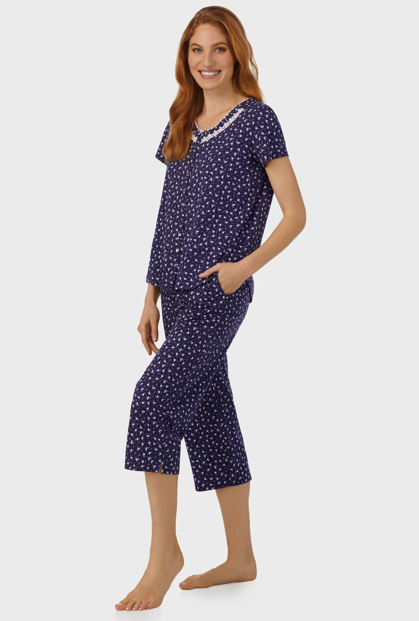 Midnight Blue Ditsy Floral Short Sleeve Capri Pant PJ Set