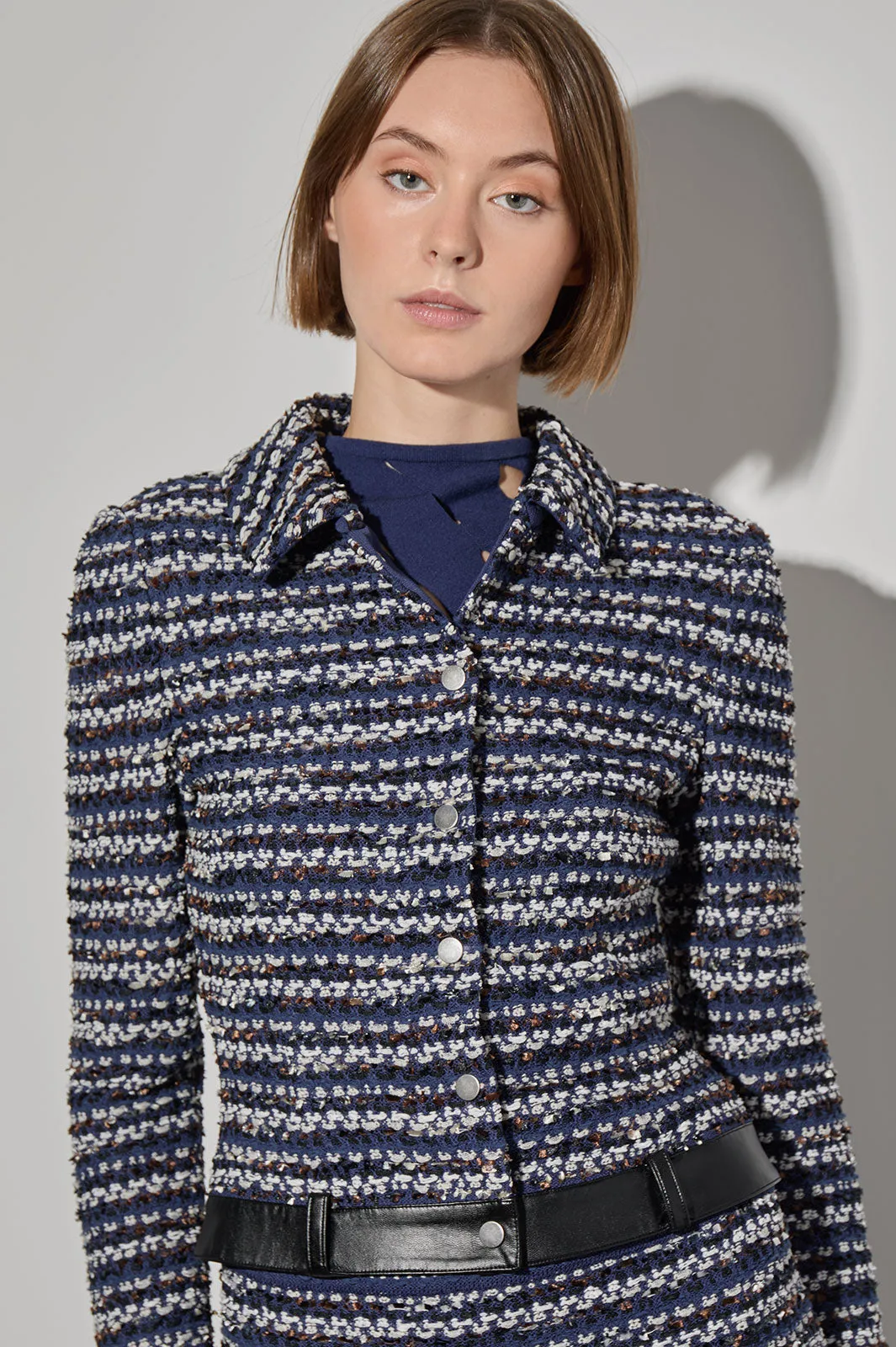 Multi-Stitch Snap Front Tweed Knit Jacket