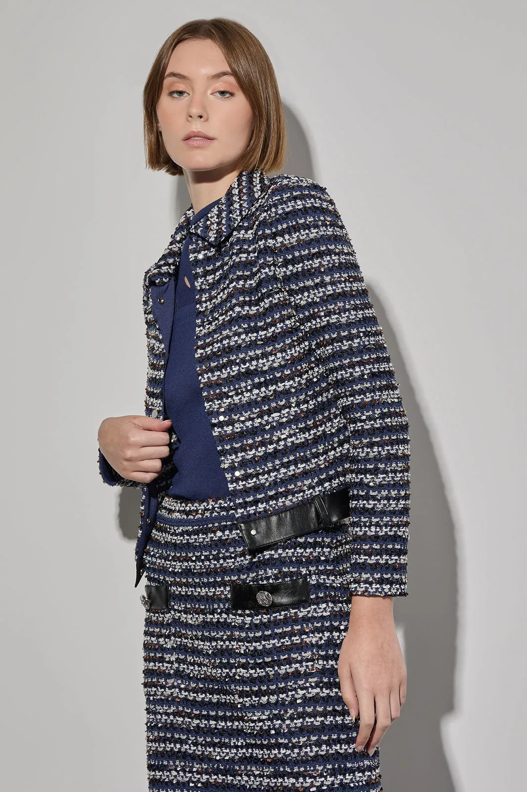 Multi-Stitch Snap Front Tweed Knit Jacket